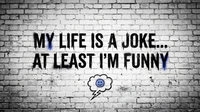 A witty graphic featuring the self-aware phrase "My Life Is A Joke... At Least I'm Funny" in distressed text on a black and white brick wall, accompanied by a small smiley speech bubble.