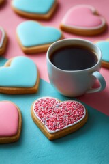Fototapeta premium Closeup heart cookie with sprinkles and coffee on pastel pink and blue surface sweet mug snack