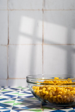 Pasta in a clear glass bowl 