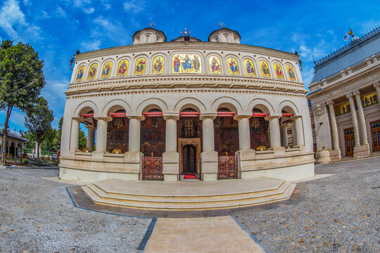 BUCHAREST, ROMANIA - JULY 17, 2018: The Romanian Orthodox Patriarchal Cathedral located on Patriarchal Hill. It was built between 1655 and 1659 under the orders of the Wallachian prince, Serban Basara
