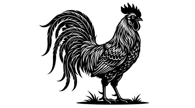 Black and white rooster standing proudly.