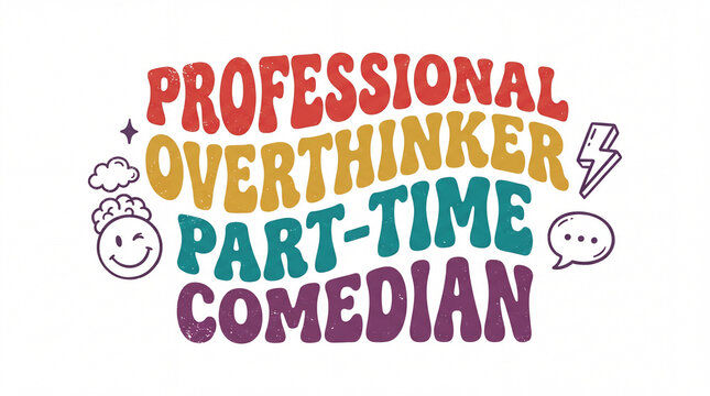 A vibrant, hand-drawn typography design proudly declares "PROFESSIONAL OVERTHINKER PART-TIME COMEDIAN" adorned with playful doodles and bright colors.