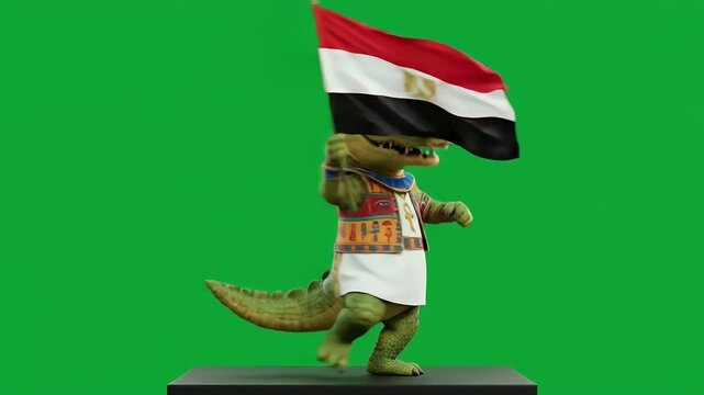 Egyptian Crocodile Mascot with Flag on Green Screen - A 3D video cartoon crocodile mascot is shown waving an Egyptian flag in front of a green screen background.