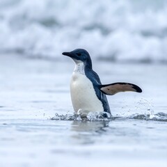 Obraz premium Little penguin swimming in icy water.