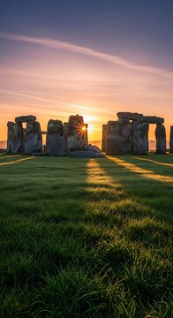 Ancient monoliths bathed in dawn light, a misty sunrise casting long shadows