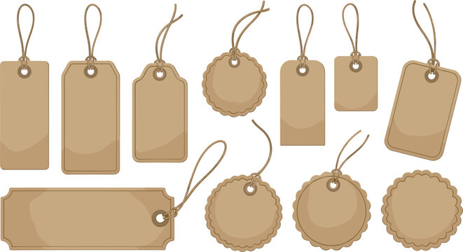 Rustic kraft paper tags vector set with brown cardboard labels and hanging twine strings for eco friendly packaging design