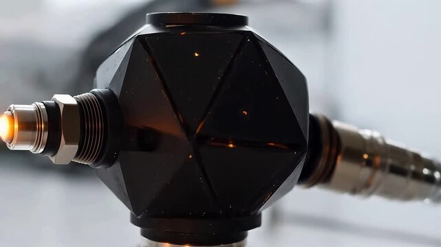 Geometric black object with glowing connectors perfect for social media campaigns and vlogs