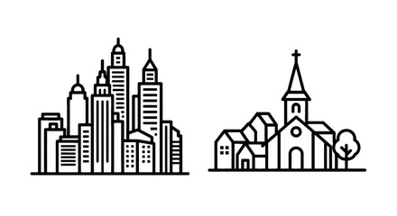 Obraz premium City skyline and religious church building outline icons with real estate building architecture metropolis religious cathedral skyscraper christian
