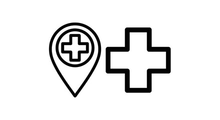Obraz premium Hospital medical map location pin and cross vector icons with hospital location healthcare emergency navigation medicine facility treatment isolated