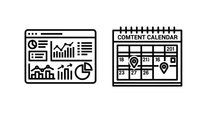 Set of website dashboard analytics and content schedule calendar outline icons with dashboard analytics calendar schedule business planning marketing