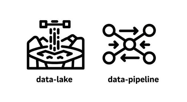 Data lake and data pipeline concept icons showing storage infrastructure and interconnected processing network flows with pipeline information technology