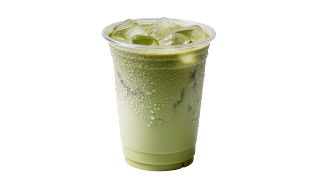 Iced matcha latte with condensation on plastic cup, isolated on transparent background