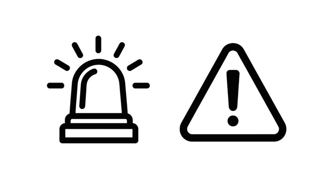 Emergency alarm siren and warning caution sign icons with emergency attention triangle exclamation security notification prevention protection
