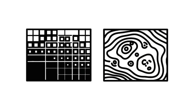 Abstract geometric patterns line icons set featuring square grid composition and topographical contour lines geometric abstract topography monochrome