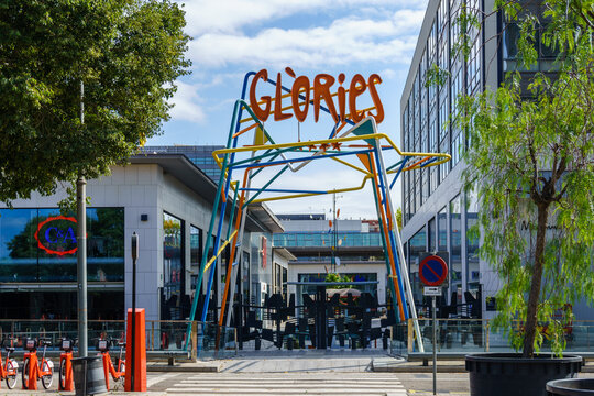 Barcelona, Spain - August 1, 2021. Logo and facade of Gl&ograve;ries is a shopping center located in the San Mart&iacute;n district of Barcelona, Spain