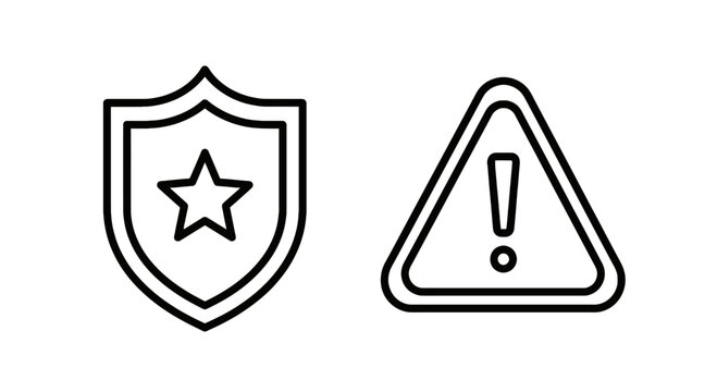 Security and safety warning icons featuring a shield with a star and an exclamation mark inside a triangle exclamation protection security graphics