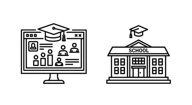 Online education platform and physical school building academic icons with e learning education learning academic university computer building