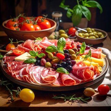 A vibrant platter of cured meats, cheeses, olives, and tomatoes, artfully arranged with fresh basil, on a wooden table