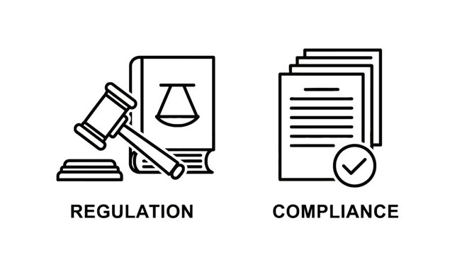 Regulation and compliance line icons representing legal standards and document verification processes with regulation compliance document verification