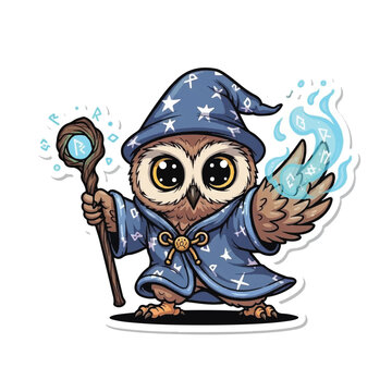 Cute cartoon owl wizard holding a magic staff and casting a spell.