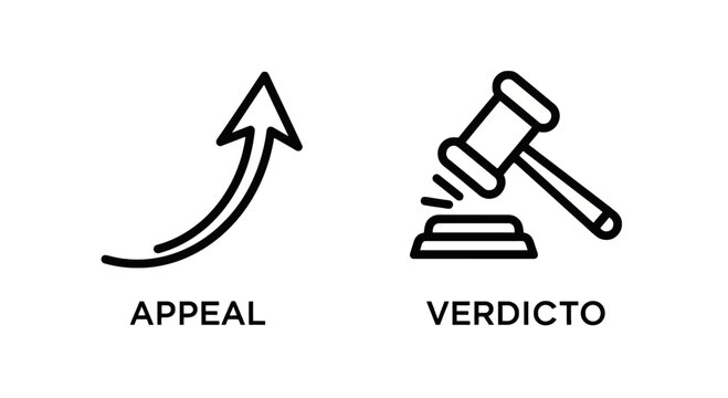 Appeal and verdict legal icon set for justice and courtroom procedures with judgment courtroom decision advocacy litigation authority legislation