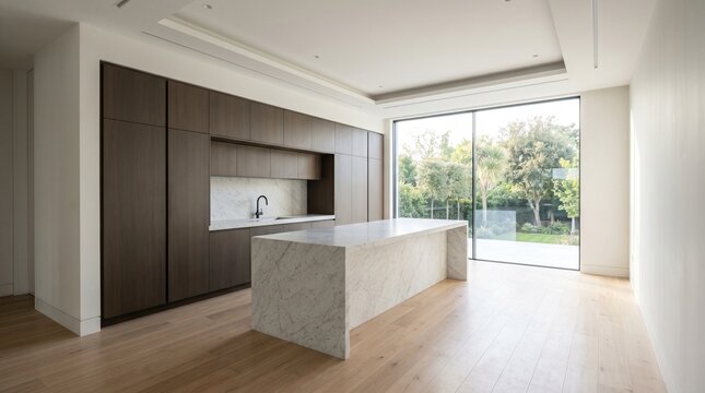 Bright empty modern kitchen with marble island and wood floor
