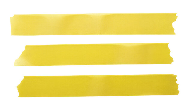 Three yellow tape strips with torn edges, isolated on transparent background