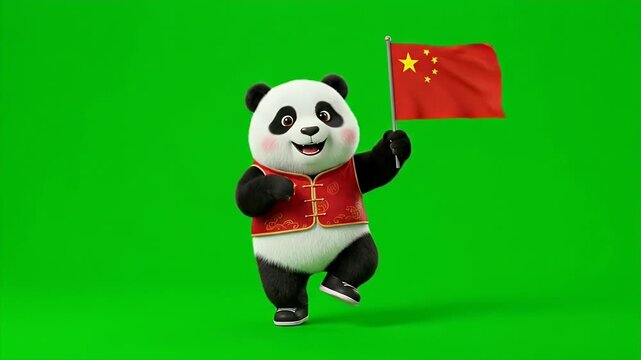 Cartoon Panda Waving Chinese Flag on Green Screen - A full shot of a cartoon panda in a red vest and black shoes walking and waving a Chinese flag.