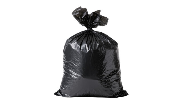 Full black garbage bag tied at the top, isolated on transparent background