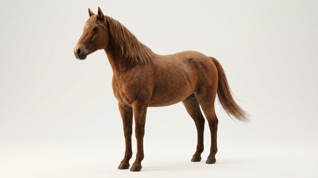 Brown horse standing alone on a plain background looking sideways