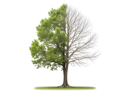 A tree split between vibrant life and stark winter bareness