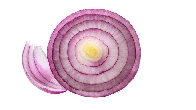 Red onion slice with concentric rings and a detached segment, isolated on transparent background