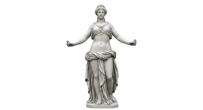 A beautiful white marble statue of a woman in ancient Greek or Roman style clothing  isolated transparent background