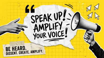 Obraz premium Trendy halftone collage with megaphone and hand pointing at speech bubble. 