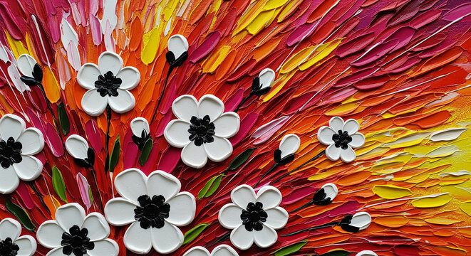 Beautiful expressive palette knife painting of white flowers on a hot colorful background perfect for artistic rooms