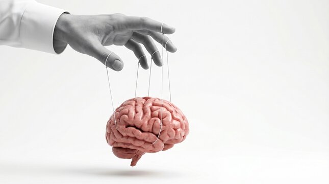 Conceptual image showing human hand controlling brain as puppet strings for manipulation and control
