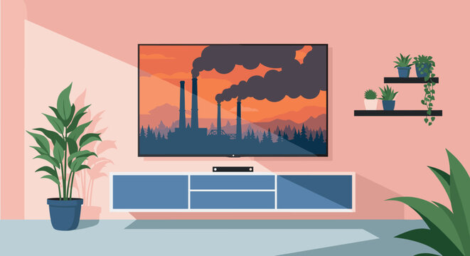 Modern living room interior featuring large flat screen television displaying factory air pollution smoke vector illustration design.