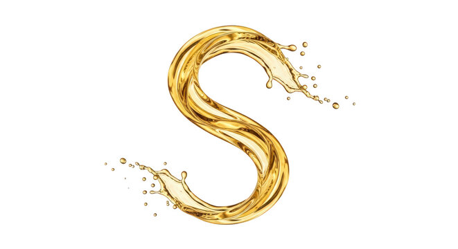 Golden elegant cursive letter S with decorative splatter effect isolated on transparent background