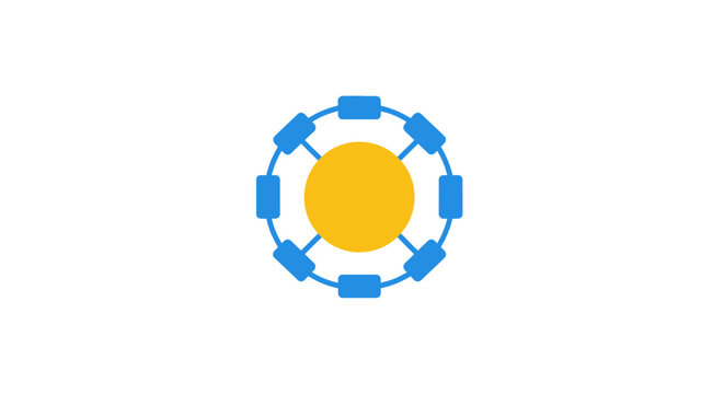 a blue and yellow circular graphic design.