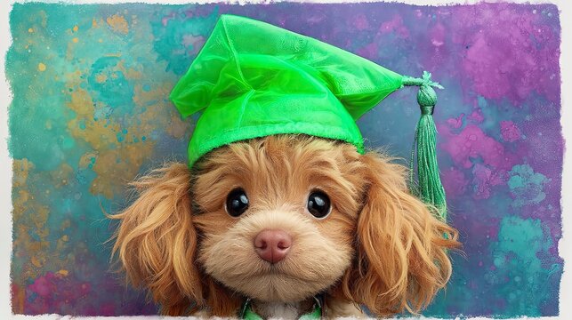 Smart watercolor poodle wearing a green graduation cap with a tassel against a colorful artistic splash background whimsical pet portrait clipart for school and achievement celebrations