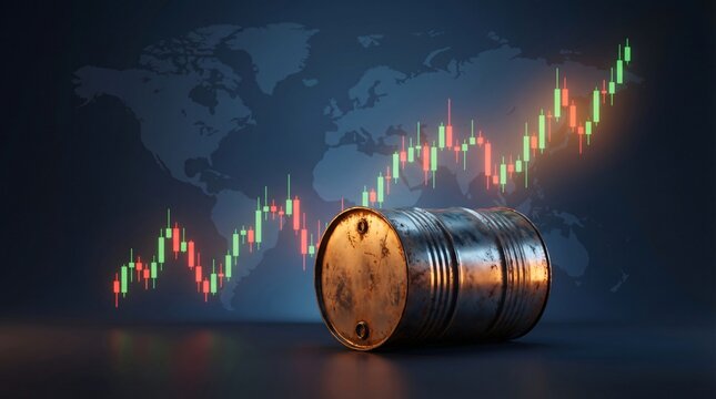 Oil barrel with upward trending stock market graph and world map background representing global economic growth