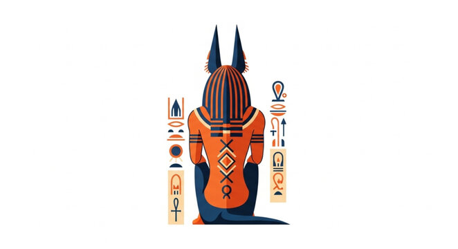 Ancient Egyptian God Anubis Illustration with Hieroglyphs.