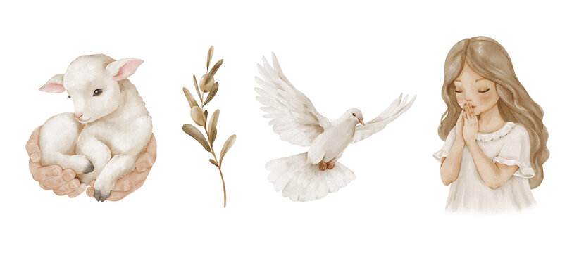 Lamb, dove, olive branch and praying girl isolated clipart set, watercolor illustration. Christian symbols of peace and faith for baptism, communion and church designs.