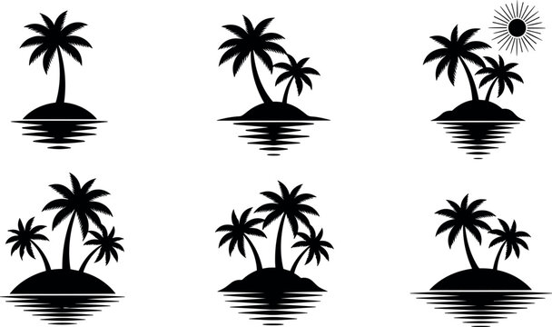 Palm tree silhouette island vector collection with sun and water reflections isolated on white background for travel