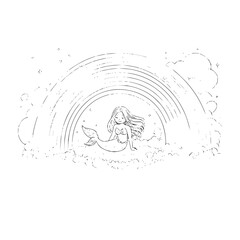 Fototapeta premium Mermaid Sitting Under Rainbow in Ocean