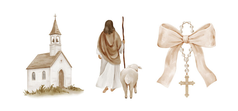 Jesus Christ with sheep, church building and rosary cross isolated clipart set, watercolor illustration. Christian symbols collection for baptism, communion and church designs.