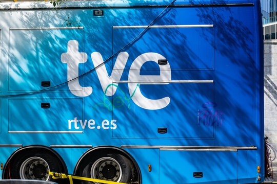 Barcelona, Spain - August 1, 2021. Logo of RTVE, is a state trading company that organizes the indirect management of the public radio and television service in Spain