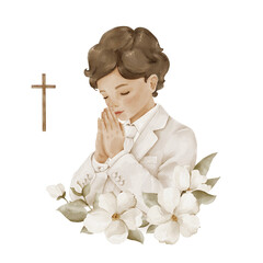 Praying boy with cross and flowers, isolated clipart, watercolor illustration. First communion child in prayer for church invitations, baptism, religious cards and spiritual designs.