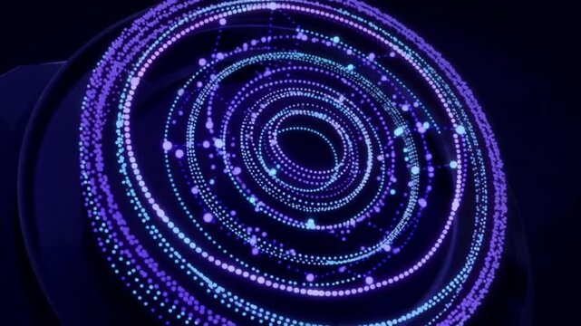 Connecting and disconnecting glowing blue and purple circular particle rings with floating dots spiral vortex, abstract digital technology energy pattern motion science network wave neon design