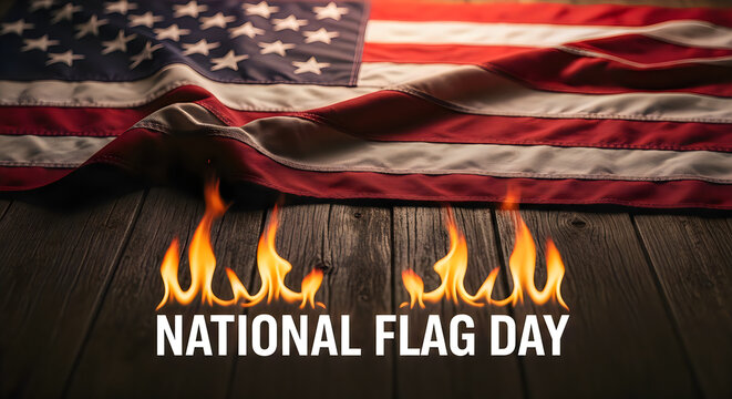 National flag day celebration patriotic american flag with fiery background and text
